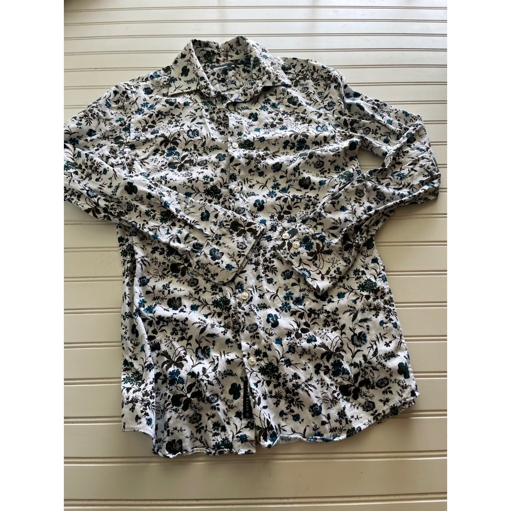 Perry Ellis Slim Fit Floral Button Down Shirt White Blue Botanical Print Small